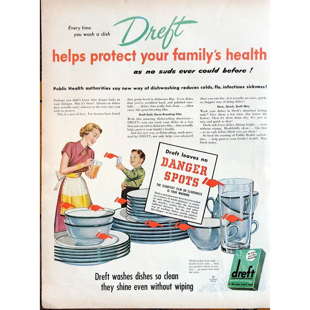 Vtg Dreft Dish Soap Print Ad Retro Kitchen Germs Disease 1940s Health 1948